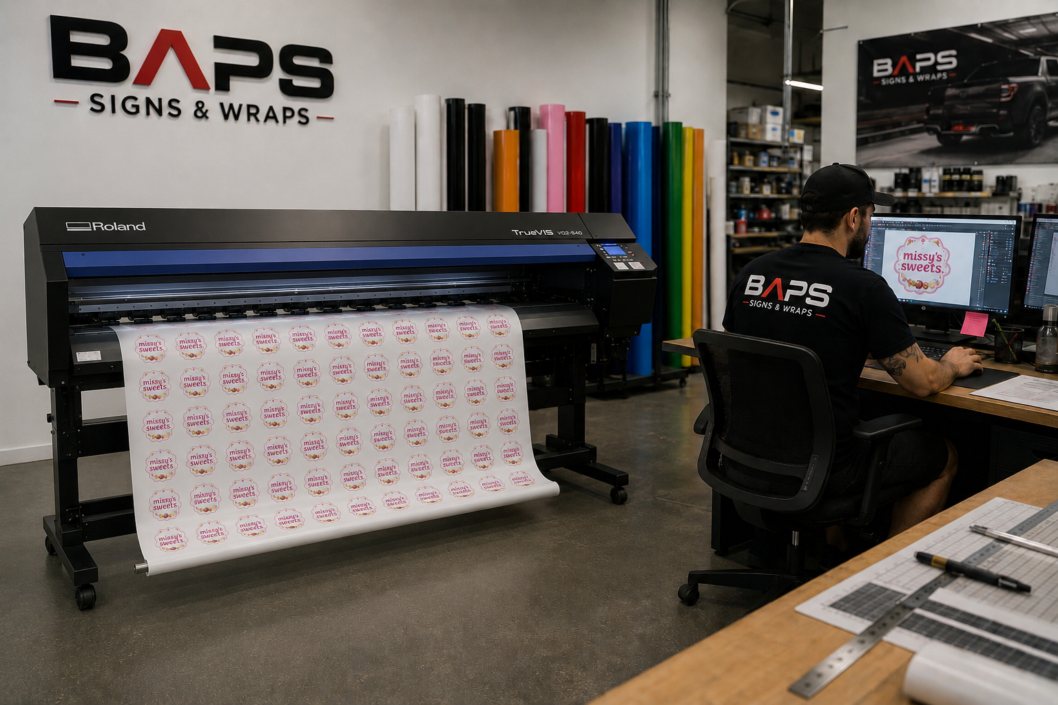 BAPS Signs & Wraps shop interior with a Roland large-format printer producing custom labels