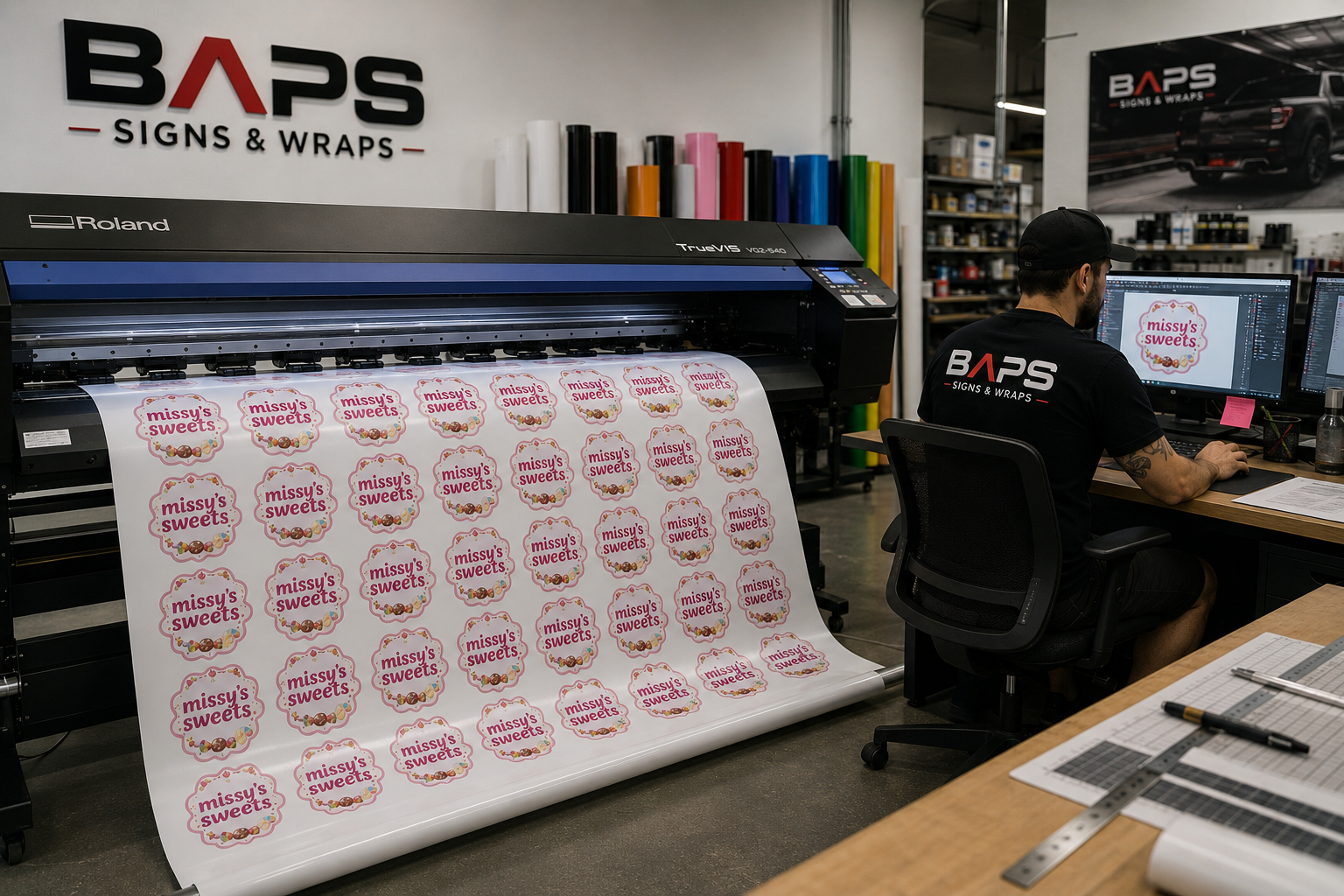 BAPS designer operating a Roland large-format printer producing custom labels in the Oldsmar shop